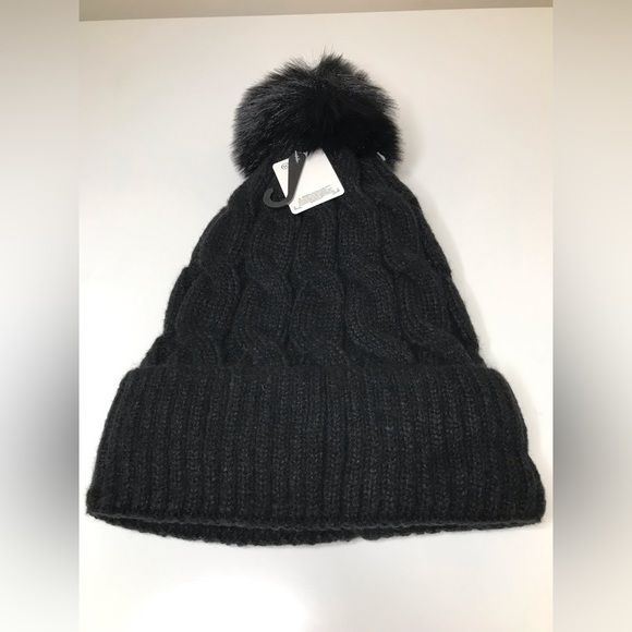 NWT- Black Womens Lined Beanie with Puff - Picture 3 of 5
